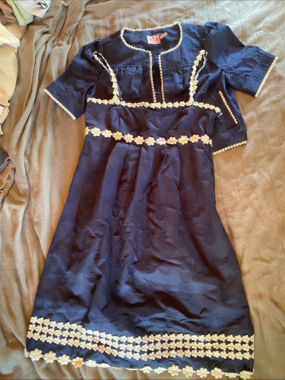 Girls Navy Dress & jacket set with Cream Floral Trim